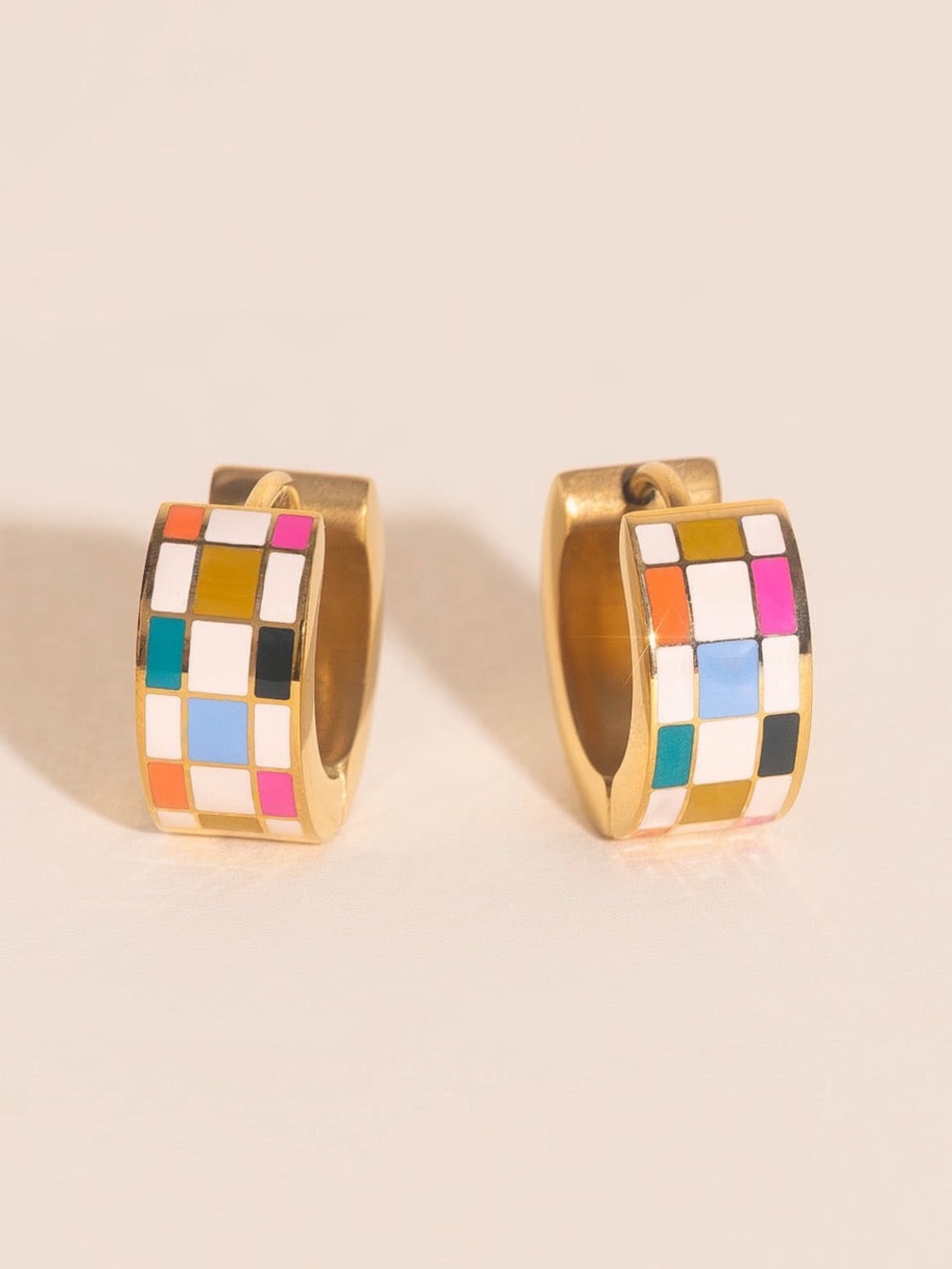 Oh Clem Bright Checkered Super Chunky Huggie Hoop Earrings